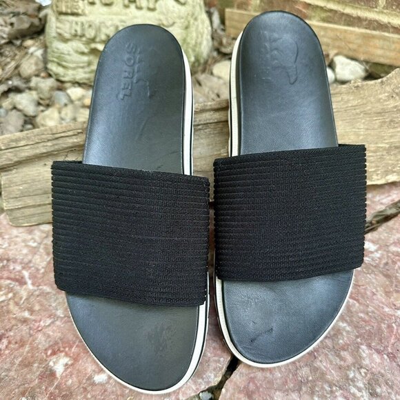 Womens Sorel Black & Sea Salt Roaming Easy Slide Sandals Fast Shipping Size 9.5 - Picture 1 of 7